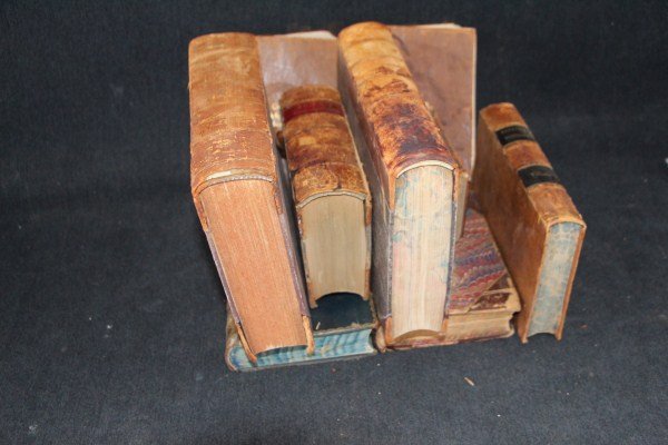QUANTITY OF VELLUM AND LEATHER BOUND 19TH C BOOKS: HARPER 1866, ROLLIN'S HISTORY, ARABIAN NIGHTS PLUS OTHERS. NINE IN TOTAL A/F