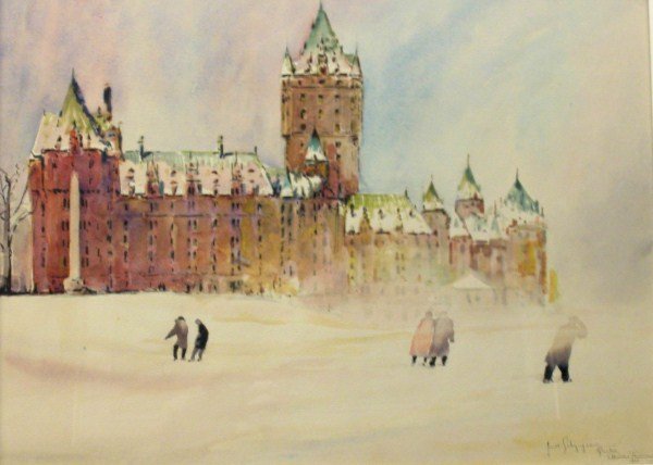 WATERCOLOUR - JACQUES (JACK) SCHYRGENS: CANADIAN (1920 -?), "CHATEAU FRONTENAC QUEBEC 1952" 18" X 24"