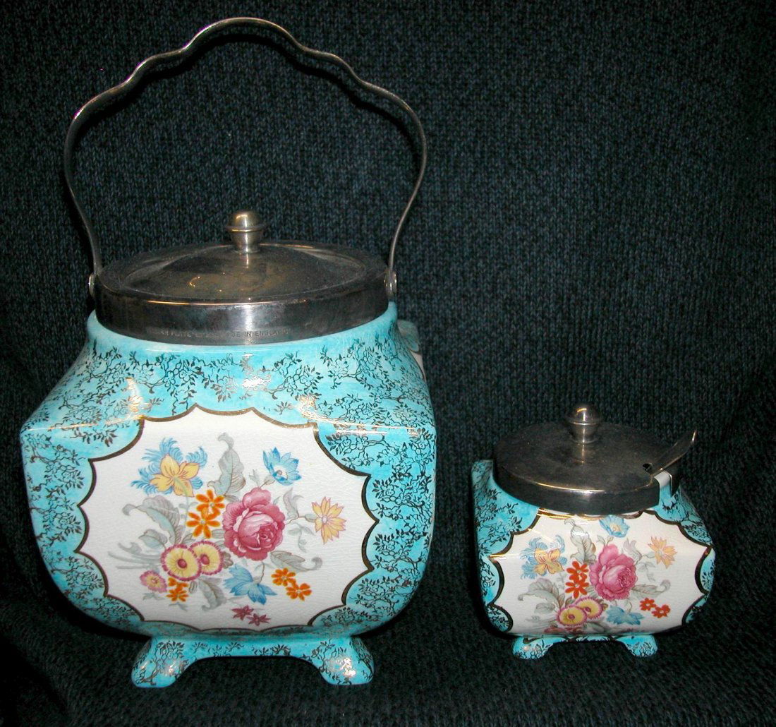 ALICE BLUE COOKIE JAR AND JAM POT: LANCASTER AND SANDLAND ENGLAND