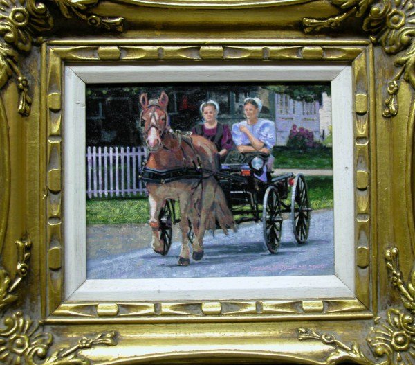 OIL ON BOARD - DONALD CURRAN: AMERICAN, "AMISH GIRLS" 8" X 10"