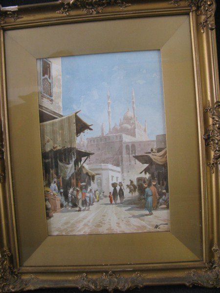 WATERCOLOUR - SIGNED "W": MIDDLE EASTERN STREET SCENE, POSSIBLY ISTANBUL, WITHIN A GILT FRAME 11" X 7.5"