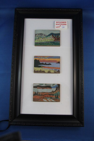 OIL ON BOARD - SIDNEY MOONEY: THREE COUNTRY SCENE MINIATURES WITHIN ONE FRAME EACH 3" X 2"