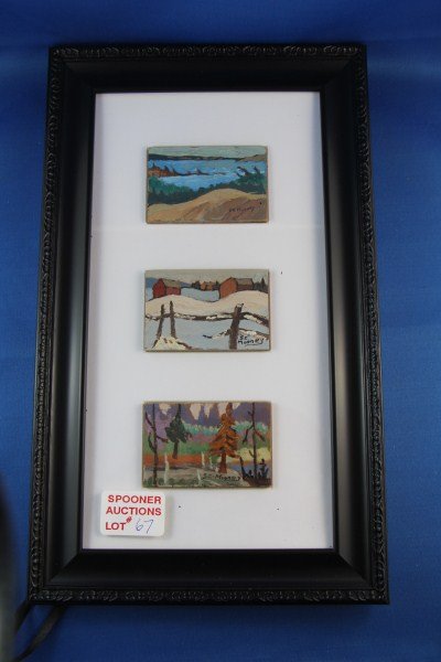 OIL ON BOARD - SIDNEY MOONEY: THREE COUNTRY SCENE MINIATURES WITHIN ONE FRAME EACH 3" X 2"