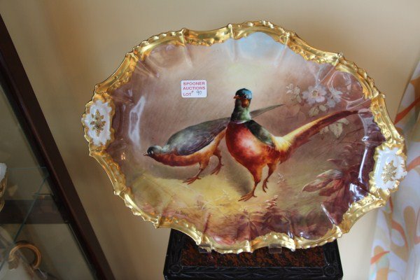 LIMOGES PLATTER BY COIFFE - DATE MARK 1891: PAIR OF PHEASANTS WITH GOLD GILT EDGING SIGNED BY ARTIST D.E. NERVAL 19" X 13.75"