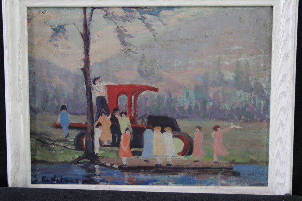 OIL ON WOOD - EYRE HOLMES 1930: CANADIAN, "HABITANT PARTY", 12" X 15.5"