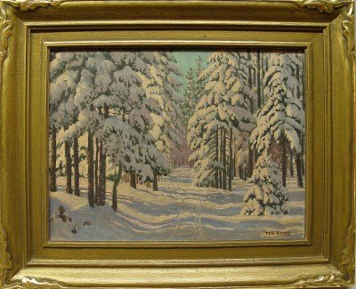 OIL ON CANVAS - TOM STONE: CANADIAN (1894-1978) "THE WINTER PATH" 12" X 16" IN GOOD CONDITION WITH MINOR REPAIR