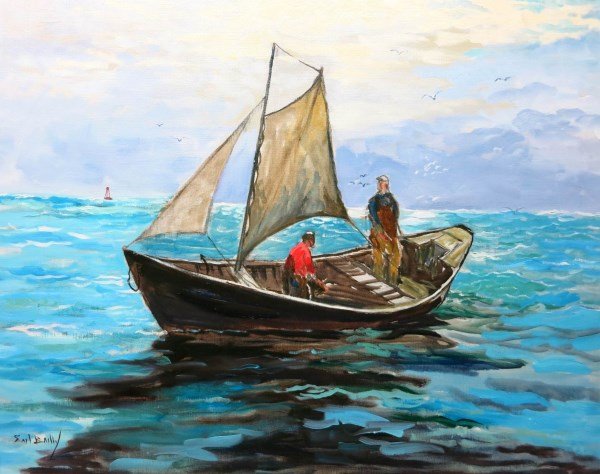 OIL ON CANVAS - EARL BAILLY - NSSA: CANADIAN (1903-1977), "FISHING OFF THE COAST N.S." 24" X 30"
