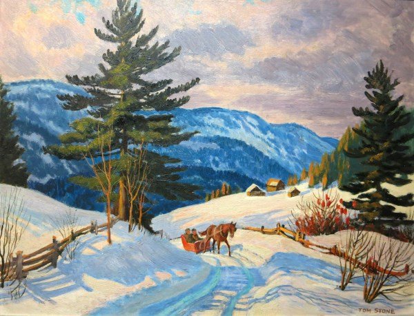 OIL ON CANVAS LAID ON BOARD - TOM STONE: CANADIAN (1894-1978) EVENING LIGHT GATINEAU HILLS, QC 14" X 18"