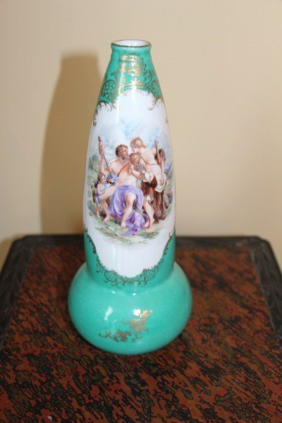 AUSTRIAN GREEN GOURD FORM VASE: SIGNED AJ TO BASE ALLEGORICAL TRANSFER WARE DECORATION 9.5" H