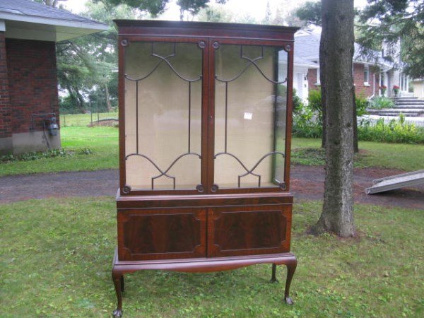 ENGLISH EDWARDIAN DISPLAY CABINET: TWO UPPER GLAZED DOORS ABOVE TWO LOWER DOORS RAISED ON BALL AND CLAW FEET 77" H X 47" W X 16" D