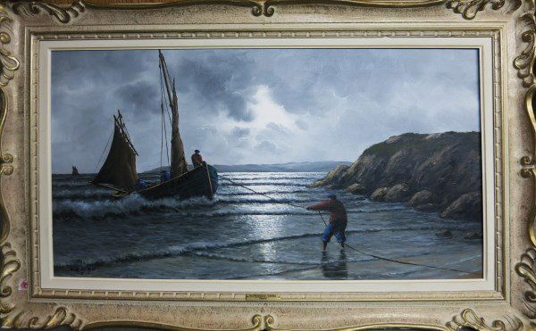 OIL ON CANVAS - FRANCOIS CARBU: FRANCE, "ACCOSTAGE DIFFICILE AU CREPUSCULE, BRETAGNE FRANCE" 21" X 39"