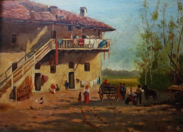 OIL ON BOARD - EDWARD HOWELL: AMERICAN (1848-1924) "BACKYARD OF THE FARMHOUSE" 7.5" X 10.5"