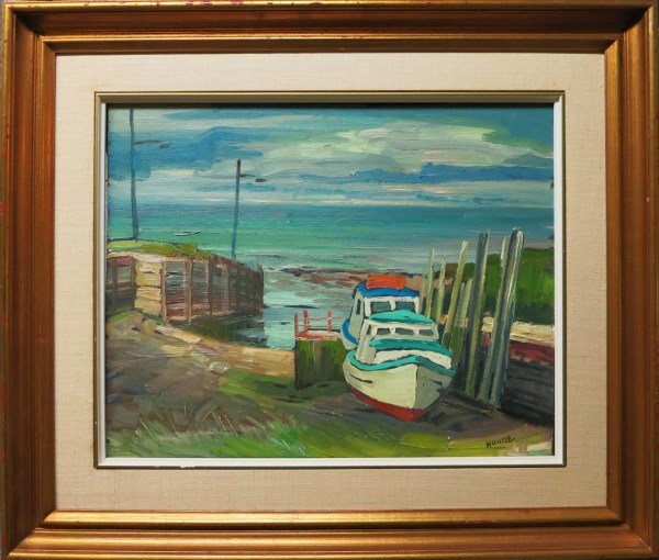 OIL ON BOARD - MARIO MAURO: CANADIAN "QUAI A ST-SIMEON QC" 16" X 20"