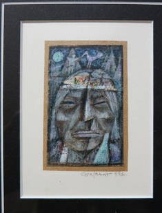 MIXED MEDIA ON PAPER - JYOTI BHATT: INDIAN (1934-?) "MAN WITHA bIRD 2" X 3"