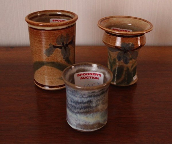 THREE PIECES FROM CHURCH POTTERY - PETERBOROUGH,ON: BROWN FLANGED TOP VASE , ONE BROWN VASE, ONE BLUE AND BROWN CUP, EACH SIGNED BY POTTER VARYING SIZES FROM 3.5" TO 5.5" H