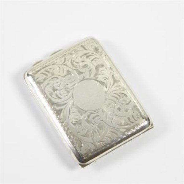 MID 19TH CENTURY STERLING BIRMINGHAM MATCH HOLDER: FINELY CHASED EXTERIOR FULLY HALLMARKED MADE BY JOHN THOMPSON AND SONS OF BIRMINGHAM 18 GRAMS 2.25" X 1.75"