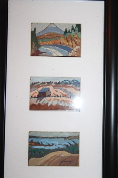 OIL ON BOARD- SIDNEY MOONEY FRAMED MINIATURES: CANADIAN (1927-1992) TRIO OF QUEBEC COUNTRY SCENES MATTED AND FRAMED 2" X 3" EACH