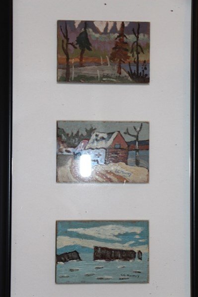 OIL ON BOARD- SIDNEY MOONEY FRAMED MINIATURES: CANADIAN (1927-1992) TRIO OF QUEBEC COUNTRY SCENES MATTED AND FRAMED 2" X 3" EACH