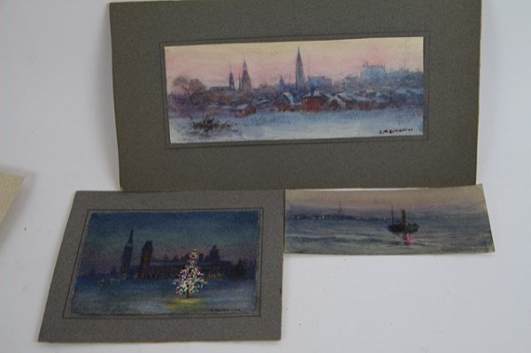 THREE WATERCOLOURS - E.M.B. WARREN: ENGLISH/CANADIAN, THREE LOCAL OTTAWA SCENES "OTTAWA FROM POWELL AVENUE, 3" X 9" "CHRISTMAS TREE PARLIAMENT HILL", 4" X 6" "TUG ON THE OTTAWA", 3" X 7"