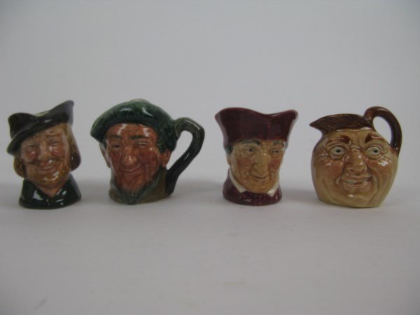 FOUR ROYAL DOULTON SMALL CHARACTER JUGS: THE CARDINAL, ROBIN HOOD, AULD MAC AND JOHM BAARLEYCORN, EACH 2 -2.5" H