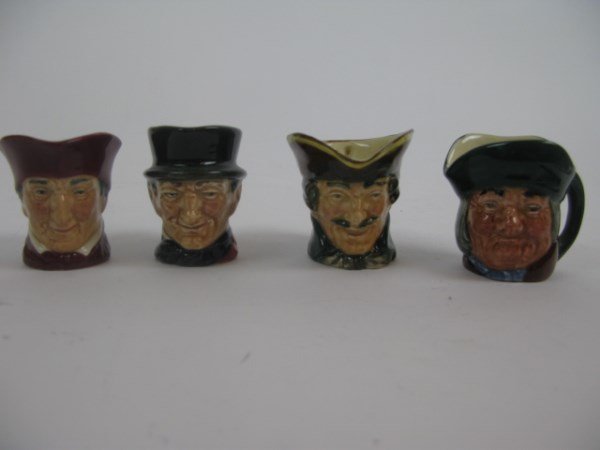 FOUR ROYAL DOULTON SMALL CHARACTER JUGS: THE CARDINAL, PHIL POTTS, DICK TURPIN AND JOHN PEEL EACH 2 - 2.5" H