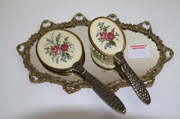 THREE PIECE PETIT POINT AND GILDED DRESSER SET: MIRRORED TRAY, BRUSH AND MIRROR