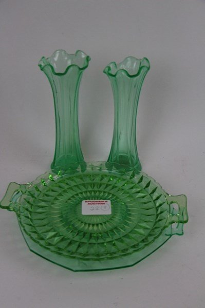 VASELINE/URANIUM GLASS PLATTERS AND PAIR VASES: ONE DIAMOND DESIGN, ONE CORNFLOWER DESIGN PLATTER, 10.25" X 12.5" EACH TREE TRUNK FORM VASES, 9.5" H