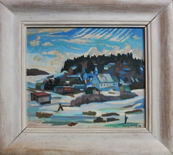 OIL ON BOARD - PATRICK GEORGE COWLEY BROWN: CANADIAN (1918-?) "LAURENTIAN WINTER VILLAGE 8" X 10"