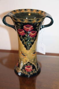 EARLY RARE FLORAL PANELS MOORCROFT/MACINTYRE VASE: POPPY OR 18TH CENTURY PATTERNSTUNNING TWO HANDLED BALUSTER FORM VASE, RARELY SEEN COLOURS, HAND SIGNED IN GREEN W. MOORCROFT TO BASE, IPRESSED MARK 160 TO BASE MINISCULE CHIP TO BASE 8" H