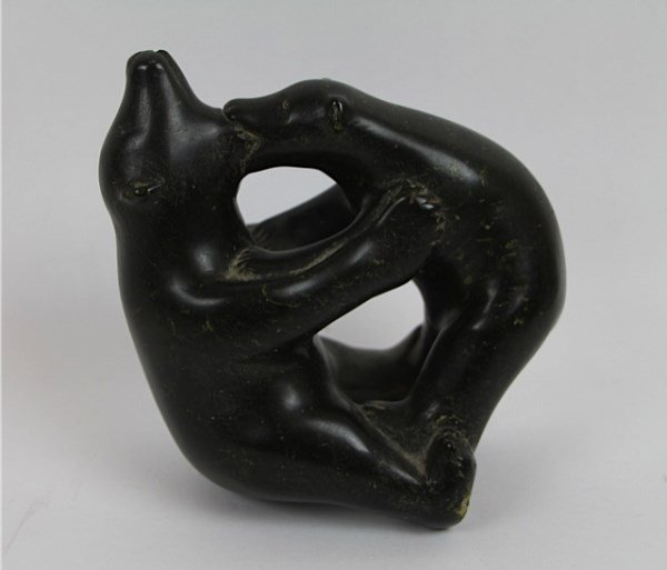 INUIT STONE CARVING FIGHTING BEARS: UNIDENTIFIED CARVER, PURCHASED IN 1967 8" H