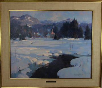 OIL ON CANVAS - ERIC RIORDON A.R.C.A.: CANADIAN (1906-1948) "TOWARD EVENING" ST. ADELE PQ, SIGNED LOWER RIGHT 20" X 24"