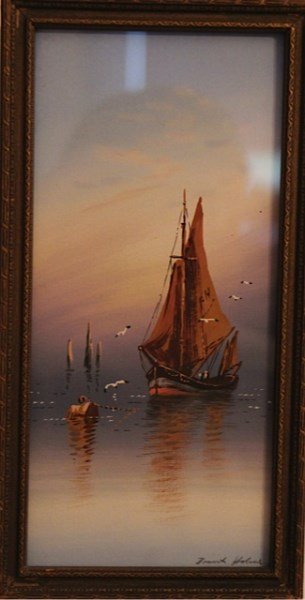 WATERCOLOUR - FRANK HOLMES: AMERICAN 20TH CENTURY, BOATS AT HARBOUR SCENE 5" X 11"