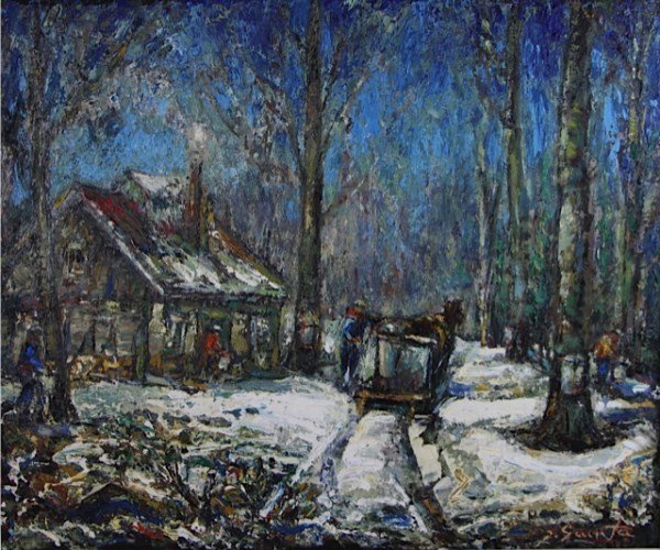 OIL ON BOARD - JOSEPH GIUNTA: CANADIAN (1911-2001) "SUGAR BUSH" 20" X 24"