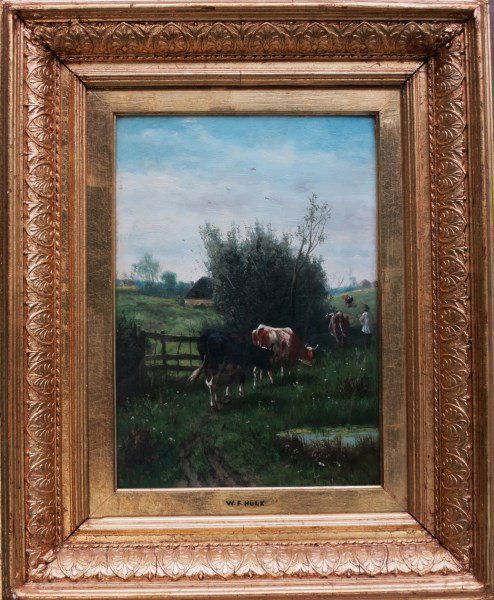 OIL ON WOOD - WILLIAM FREDERICK HULK: ENGLISH (1852-1906), "CATTLE AND DROVER BY THE FENCE" 10" X 14"