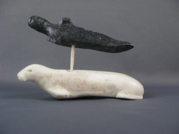 INUIT CARVED BONE + STONE SEDNA/SHAMAN OVER WALRUS: INUIT CANADIAN, UNIDENTIFIED ARTIST, UNSIGNED, CIRCA 1960'S 4.5" X 6.25" X 2"