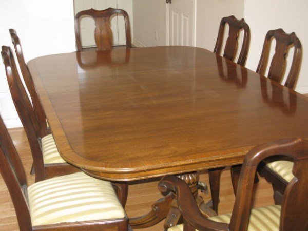 BANDED MAHOGANY DINING TABLE W/ DUNCAN PHYFE LEGS: BRASS TOES, TWO LEAVES AND HEAT PADS TABLE 48" X 76", LEAVES 24" L PLEASE DISREGARD THE CHAIRS IN THE PICTURES, ONLY THE TABLE IS BEING AUCTIONED.