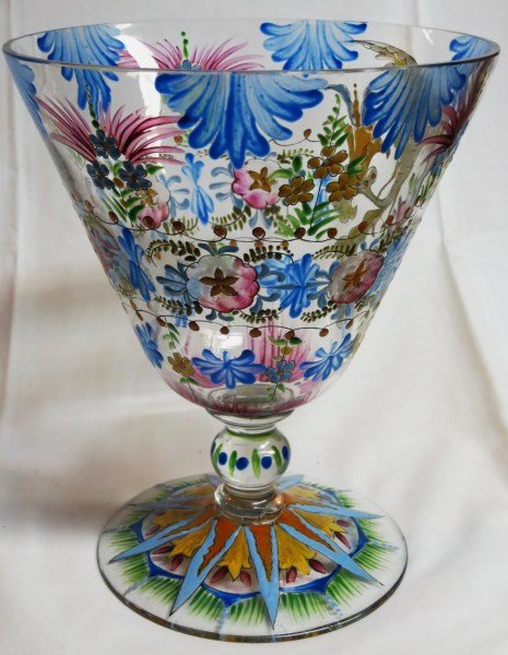 ENAMEL CRYSTAL GLASS VASE: 10.5" H X 8.5" D