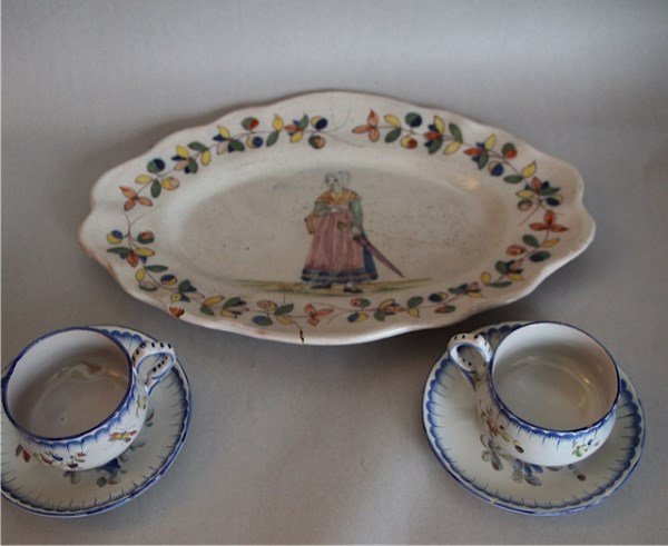 FRENCH FAIENCE PLATTER + TWO CUPS AND SAUCERS: CUPS AND SAUCERS AS FOUND
