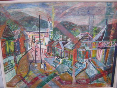 O/B - ANTONIO JOSEPH: HAITIAN (1921-?) VILLAGE ABSTRACT 36" X 48"