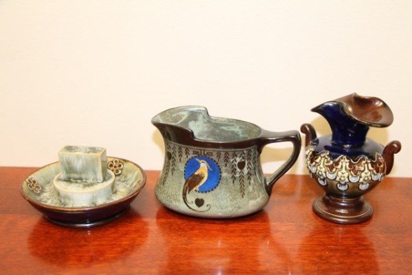 THREE ASSORTED DOULTON PIECES: TITANIAN WARE PITCHER # 10729 TRAY # 325Y TWO HANDLED VASE INITIALED MB # 3645