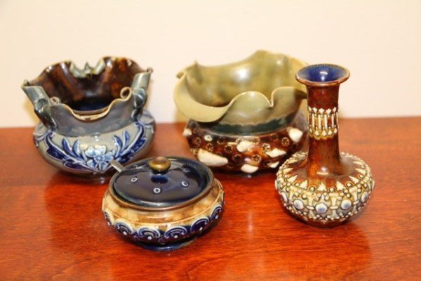 FOUR PIECES OF ASSORTED DOULTON: ROYAL DOULTON SMALL VASE # 2384 SIGNED ROYAL DOULTON CRIMPED TOP VASE #3682 DOULTON LAMBETH CRIMPED TOP VASE SIGNED ROYAL DOULTON MUSTARD POT #5693 SIGNED WB