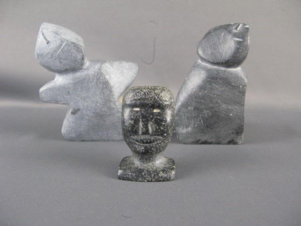 TWO INUIT STONE ABSTRACT FIGURES: BY GEORGE ARLUK, 4.5" H - 5" H PLUS A STONE BUST, 3" H