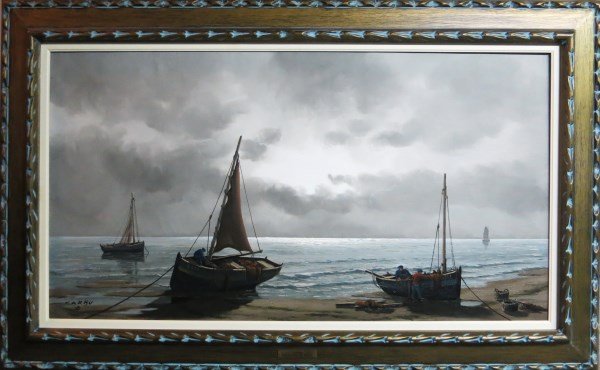 O/C - FRANCOIS CARBU: FRANCE (1896-?) "PREPARATIFS POUR LA PECHE" 21" X 39"