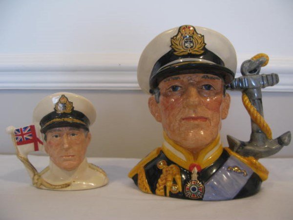 TWO ROYAL DOULTON EARL MOUNTBATTON OF BURMA JUGS: EARL MOUNTBATTON BURMA D6944 - LARGE 7" H RDICC 1993 LIMITED EDITION 70/ 5000 D6851 - SMALL