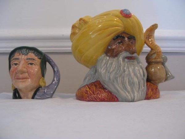 TWO DOULTON SNAKE CHARMER & FORTUNE TELLER JUGS: FORTUNE TELLER D6503 - 1ST VERSION - SMALL 3.75"H SNAKE CHARMER D6912 - LARGE 7" H 1992 LIMITED EDITION 1230/2500