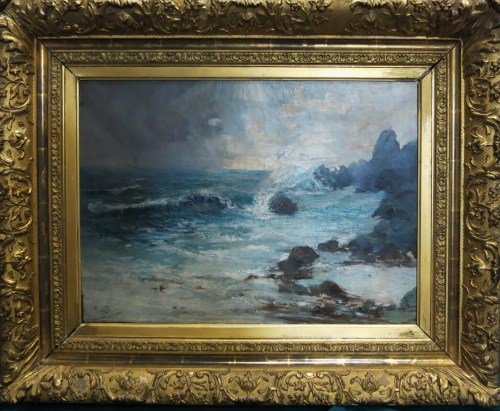 O/C - EVE BAKER: ENGLISH, ACTIVE (1909-1946) "SHIP IN ROUGH WATERS" 16" X 23"