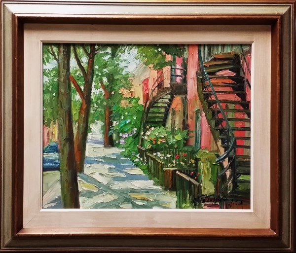ARMAND TATOSSIAN R.C.A - OIL ON CANVAS: CANADIAN (1948-2012) TITLED "LES ESCALIERS DE MONTREAL, VERDUN" 16 X 20 in/41 X 51 cm