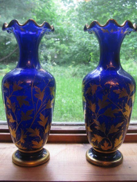 PAIR COBALT GLASS WITH GILT FOLIATE DESIGN VASES (1 of 2)