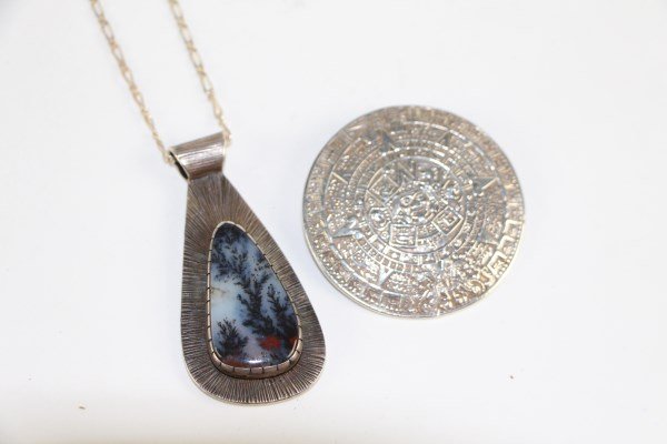 STERLING PENDANT WITH STONE AND MAYAN BROOCH: 1 .75" D BROOCH 2.25" L PENDANT