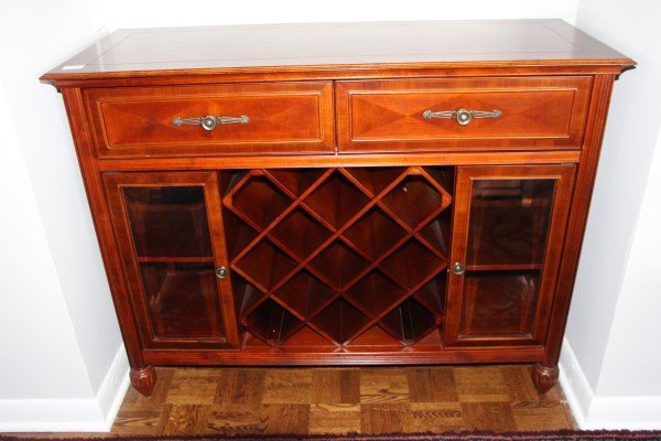 MAHOGANY AND INLAY COMBINATION DISPLAY CABINET: WITH TWO UPPER DRAWERS OVER A LOWER WINE CELLAR 32"H X 24"L X 16"D